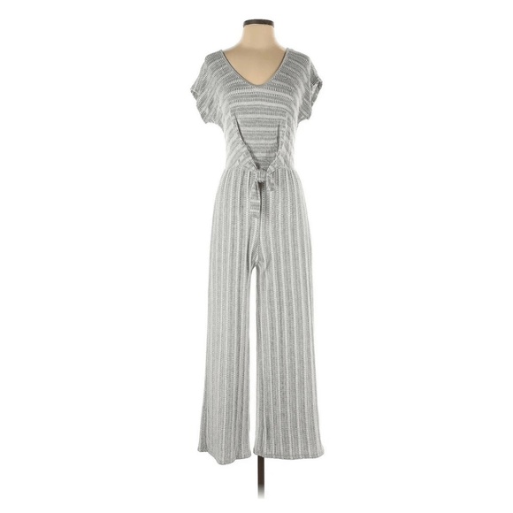 Caution To The Wind Sz L Jumpsuit Gray White Striped V Neck Stretch Soft - Picture 1 of 8